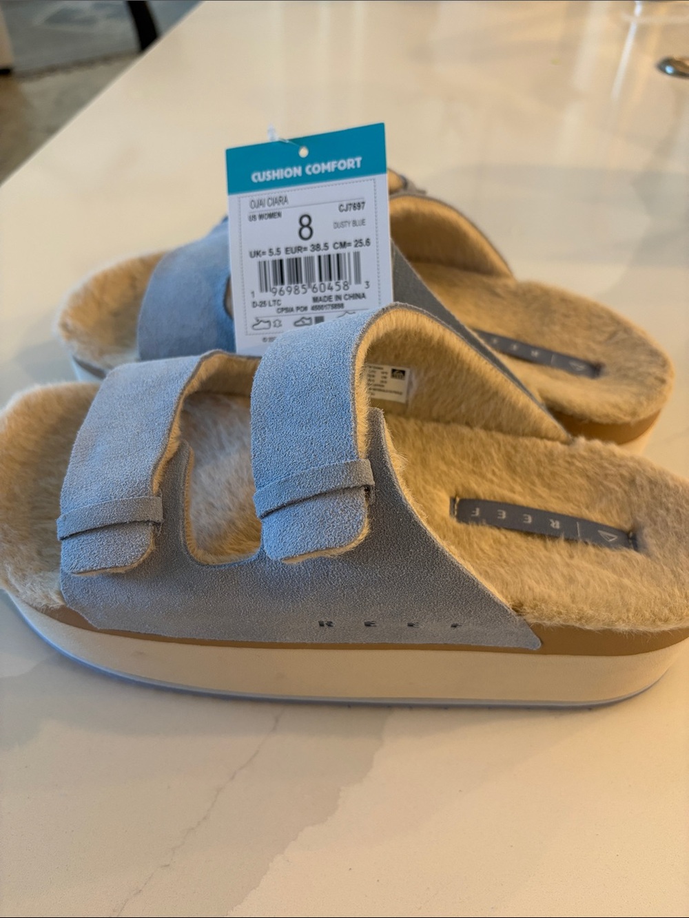 Reef Plush Dusty Blue Slide Sandals with Cushioned Faux-Fur Footbed